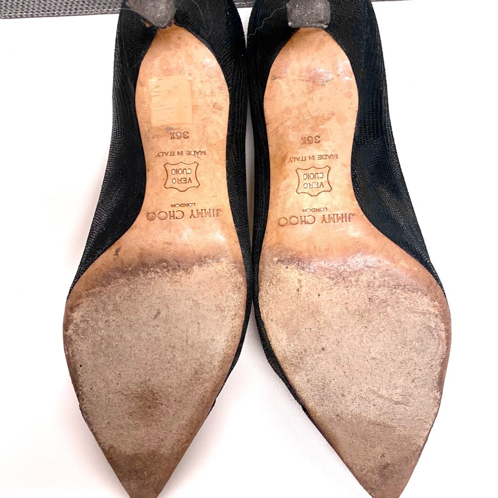 Size 36.5 Jimmy Choo low heel, pointy black leather with gold buckle. - Picture 7 of 9